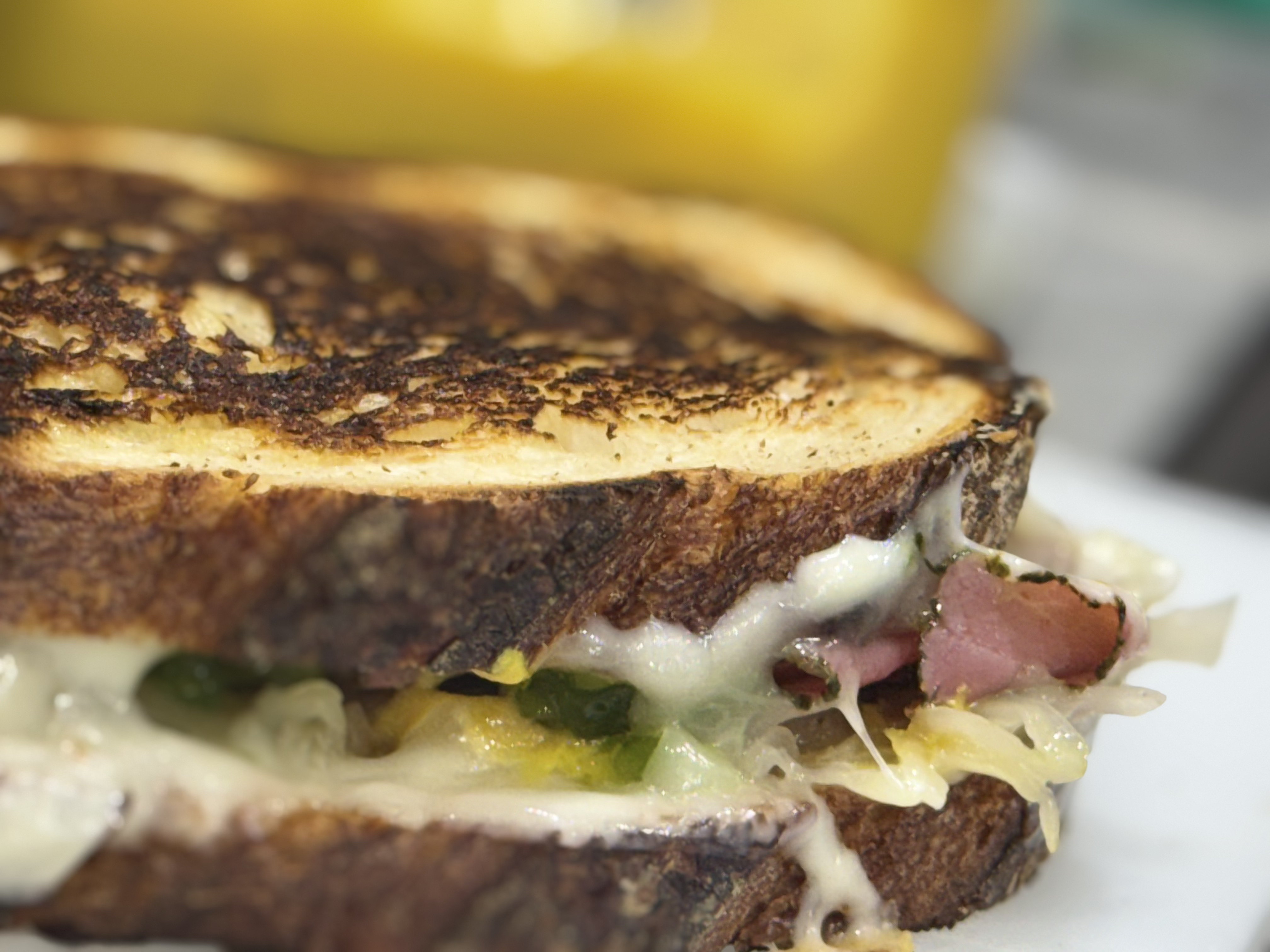 Melted cheese toastie, cut open